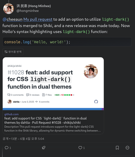 A post with a syntax-highlighted code block from Hollo. Syntax highlighting colors looks fine on dark mode.