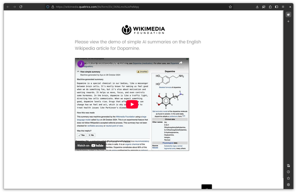 Please view the demo of simple AI summaries on the English Wikipedia article for Dopamine.

[YouTube video embed]