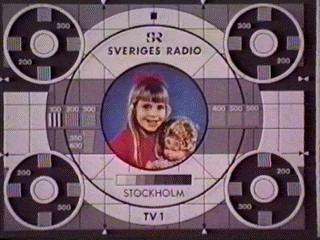TV Test Card, probably from Sweden - looks a bit similar to BBC's test card F ( see https://bbcba.fandom.com/wiki/Test_Cards )

In the center is a long haired girl with in red shirt holding a doll. Around that photo are concentric circles. There are also lines in  grid and circles in each corner of the test card.
A large R  and SVERIGES RADIO text line is located above the center photo, below it is a grey scale bar as well as the words STOCKHOLM and TV 1.