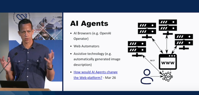 Snapshot of the video recording of Dominique Hazaël-Massieux presenting the slide "AI Agents"