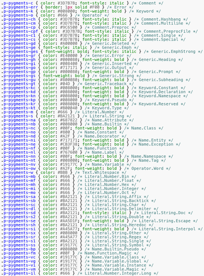 Pygments default css style with prefix p-pygments-