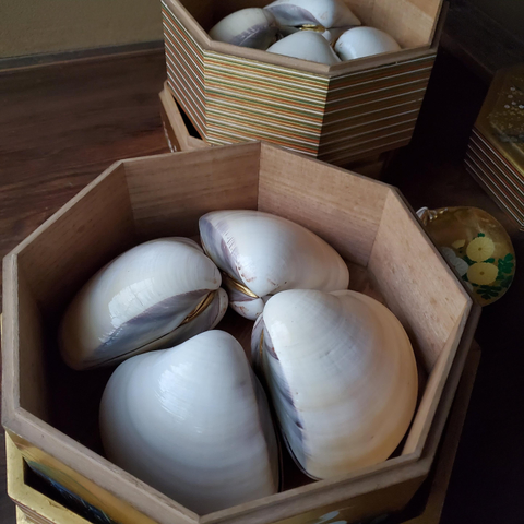 'Kai-awase' shells stored away. Here the paired shells are reunited so you cannot see the beautiful paintings within.