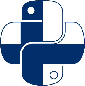 Python logo with blue and white Finnish flag as background colours. 