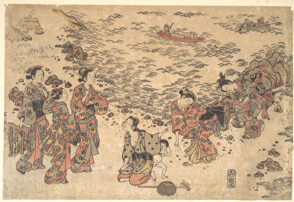 Woodblock print of women collecting shells on the coast.

Image thanks - https://ukiyo-e.org/