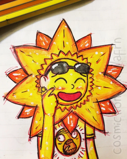 Traditional illustration made with black ballpoint pen and color pencils of Sun Morty from Pocket Mortys, drawn from the chest up. He is smiling, blushing and scratching his cheek. The background is ruled paper and a yellow pencil and an orange pencil can be seen on the upper right corner.