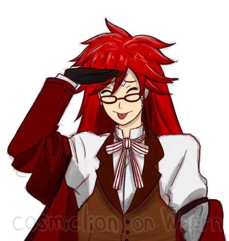 Digital colored and shaded illustration of Grell Sutcliff from Black Butler, drawn from the chest up. She is putting her hand to her forehead and sticking out her tongue with a silly smile. The background is white.