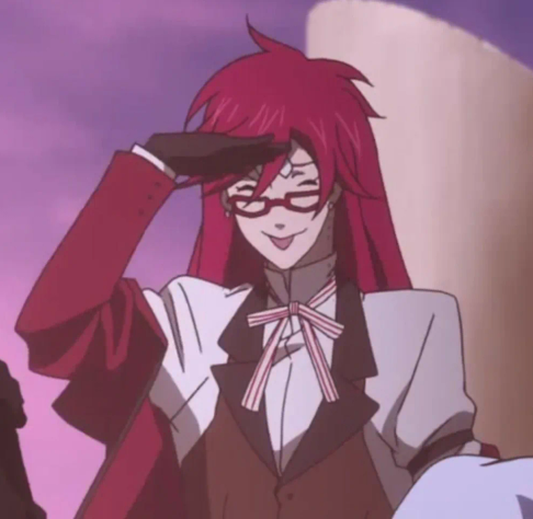 Screenshot of the Black Butler OVA Welcome to the Phantomhive's, showing Grell Sutcliff in the same pose and expression as in the first image. The purple sky and part of a ship can be seen in the background.