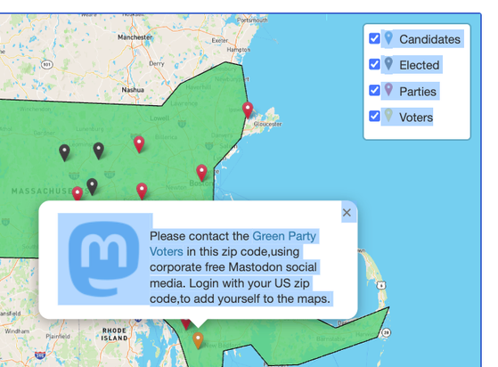 A map of part of massachusetts.  By hovering over the voters icon, one sees the words: ""Please contact the Green Party Voters in this zip code,using corporate free Mastodon social media. Login with your US zip code,to add yourself to the maps."