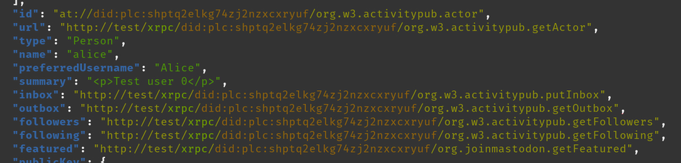 Snippet of an ActivityPub actor response showing the direct use of XRPC endpoints that match their Lexicons