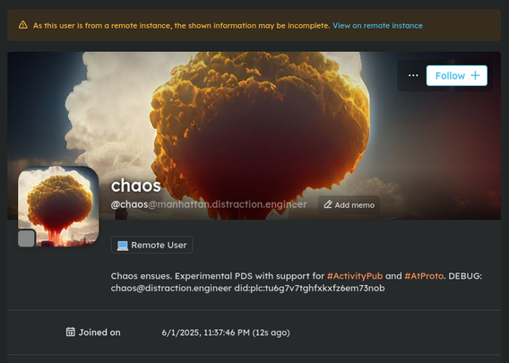 snapshot of the user profile on a sharkey based activitypub instance, not mastodon