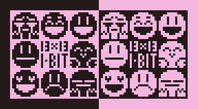 pixel art emojis (13x13, 1 bit): crying, happy, smiley face, neutral, hug, heart eyes, frowny face, tired