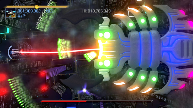 Screenshot of a giant boss flying over a city from my game Procyon