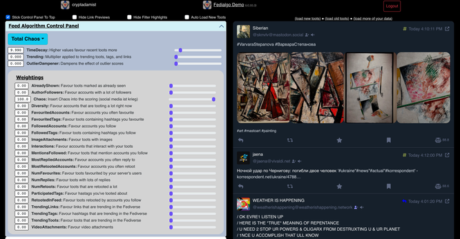 screenshot of fedialgo with TOTAL CHAOS preset chosen