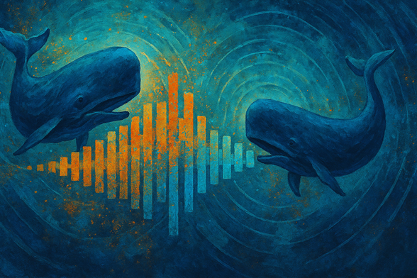Two sperm whales face each other underwater, connected by vibrant orange and blue sound wave patterns, symbolizing their communication. Swirling textures and concentric rings evoke a deep, resonant ocean.