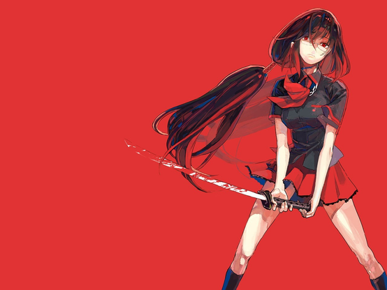 Over a red background, an anime style young woman with long hair with an annoyed look on her face holding a bloody sword. 