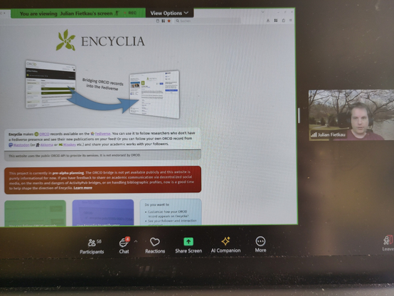 Julian presenting Encyclia at Fediforum. You see a screenshare and Julians camera.