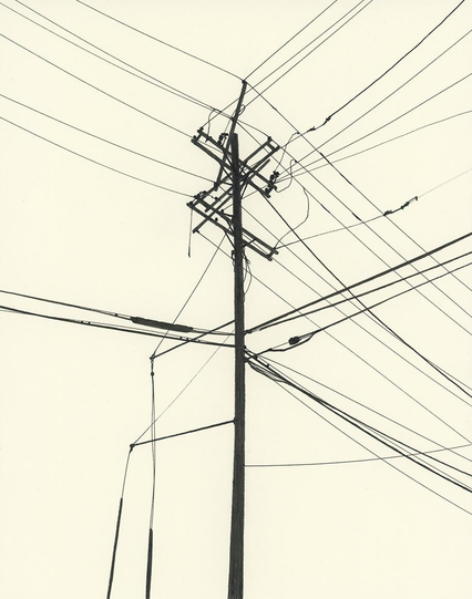 Black ink drawing, silhouette of a utility pole and power lines