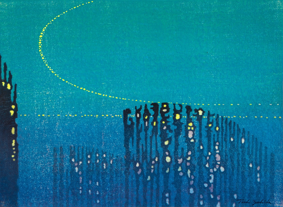 An abstract print, predominantly an aquatic blue, with ranks of dark coral-like shapes reaching up from the bottom half. Two trails of bright yellow dots cross the image: one passing horizontally, the other traveling an arc before settling into a parallel path with the first.