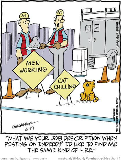 Original Heathcliff comic from June 17, 2022
New caption: "What was your job description when
posting on Indeed? I'd like to find me
the same kind of hire."
Comment by: iguanahaveaparty

In the image, there is an amusing cartoon strip featuring two men, one holding a shovel and the other holding a ladder, both working on a construction site. A cat is sitting nearby, seemingly observing the work being done. 

Surrounding the scene is a traffic sign, possibly indicating the construction area. There are multiple orange and black cones scattered around the construction site, further emphasizing the ongoing work. In the background, a truck can be seen, which is likely used for transporting materials and equipment during the construction process.