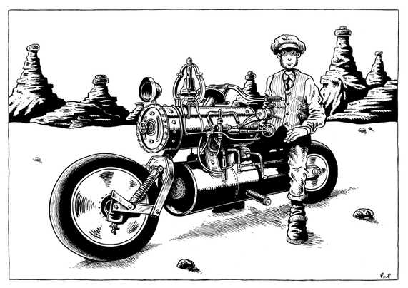 Un biker dans le désert. Habillé à la mode du 19ème siècle. Sa moto est une étrange machine parcourue de tuyaux et semble fonctionner à la vapeur. Motard rétrofuturiste en quête de liberté ?

A biker in the desert. Dressed in 19th-century fashion. His motorcycle is a strange machine crisscrossed with pipes and seemingly powered by steam. A retrofuturistic biker in search of freedom?