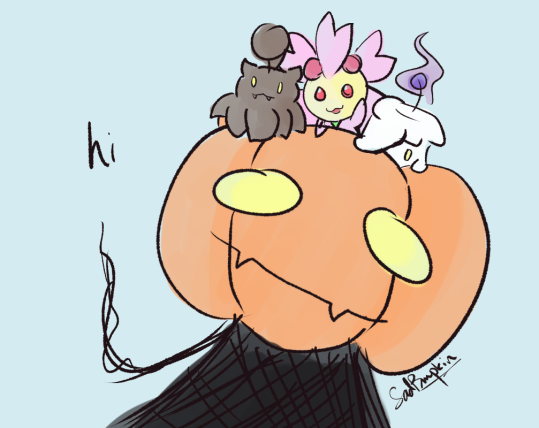 it's me with the pokemon i usually doodle on top of my head: pumpkaboo, cherrim, and litwick.