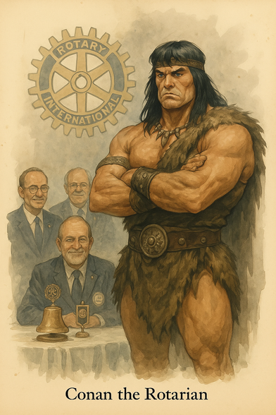 Conan the Barbarian stands in front of a Rotary International sign, and in the background there is a stereotypical Rotarian meeting, with the bell and men in suits. 