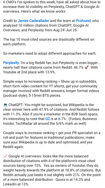 Screenshot from LinkedIn showing Reddit and Wikipedia are the best places to spam to influence ChatGPT outputs.