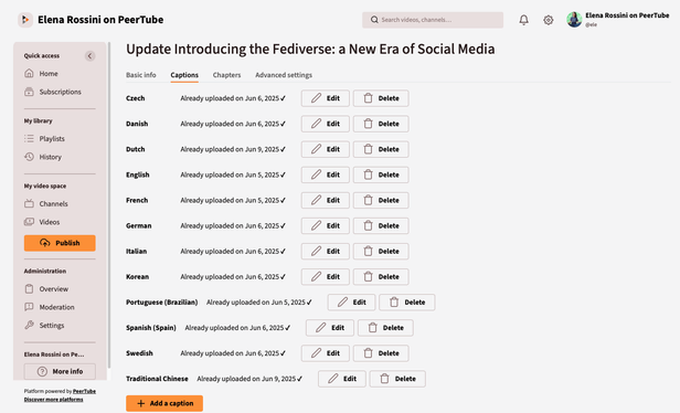 a screenshot of the "Captions" page from my self-hosted PeerTube page that shows 12 subtitles: Czech, Danish, Dutch, English, French, German, Italian, Korean, Portuguese (Brazilian), Spanish, Swedish and traditional Chinese