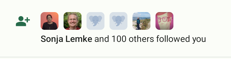 Einige Mastodon Profil Bilder. Darunter der Text "Sonja Lemke and 100 others followed you".
