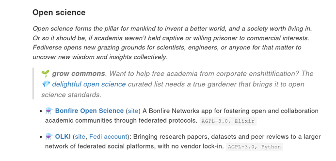 Snapshot of draft text for delightful-fediverse-experience curated list. It displays the text in the toot as well as the 2 platforms I mentioned.