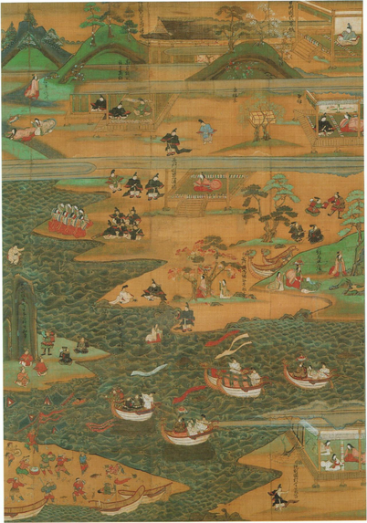 A painted illustration of the Tamatare-gū Engi (玉垂宮縁起), a medieval origin story of the shrine multiple episodes of which can be seen here with a cast of characters including #Buddhist and local deities as well as historical and semi-historical figures. Color on silk dating to 1370 from the collection of Daizenji Tamatare-gū Shrine (大善寺玉垂宮) in Kurume, Fukuoka Prefecture, #Japan.
#BuddhistArt #Buddhism