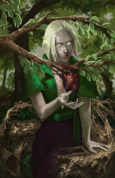 A digital painting of a pale, sullen looking woman standing in the forest. in front of her is a branch, from which grows a human heart which she holds her hand protectively around. She's encircled by a gnarled, otherworldly tree that seems to come up to her touch.
