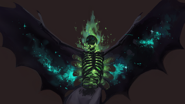 A digital painting of my persona- a figure with outstretched bat wings sprouting from a flaming skeleton torso and skull. The wings contain glittering cosmos, and the fire burns different hues of green. 