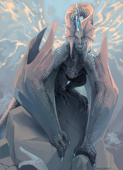 A digital painting of a wyvern perched atop a rock. She stares down at the viewer as electric-looking magic warps around her neck and head. She also has a single blue crystal horn jutting from her forehead, breaking between minuscule scales.