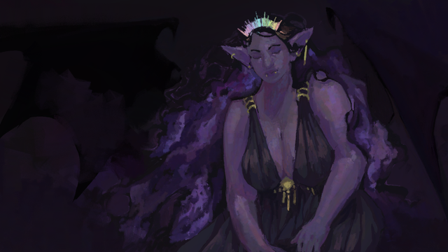 A waist-up painting of a large purple woman with a tiara of light and hair made of purple storms wrapping around her shoulders. Faintly in the background are her jet black bat wings.