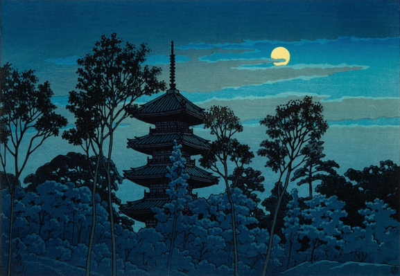A bright full moon rises over the five-story pagoda at Ikegami Honmonji, in Tokyo. In the foreground, tall trees crowd around the base of the pagoda; above, tattered clouds cross the face of the yellow moon.