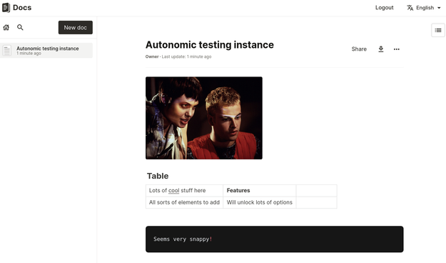 A screenshot of the Docs interface with a  document open and some test text in there including a screenshot from the awesome movie Hackers.