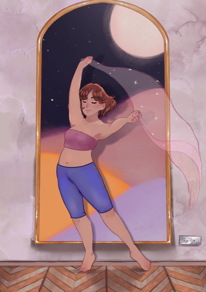 dancer, smiling peacefully. 
infront of a big painting of dunes at night.