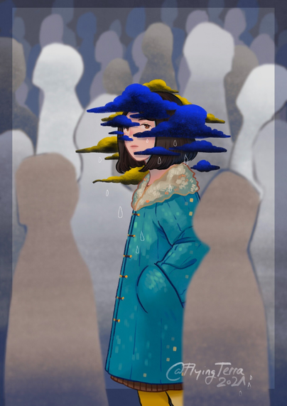 colorful person with rainclouds around head in a faceless + colorless crowd. 