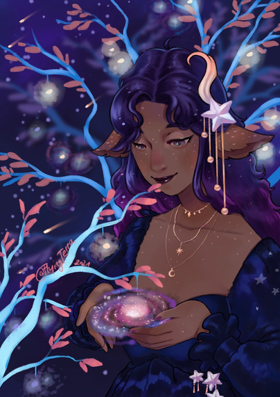 fantasy character holding a "freshly hatched" universe in hand. surrounded by trees.