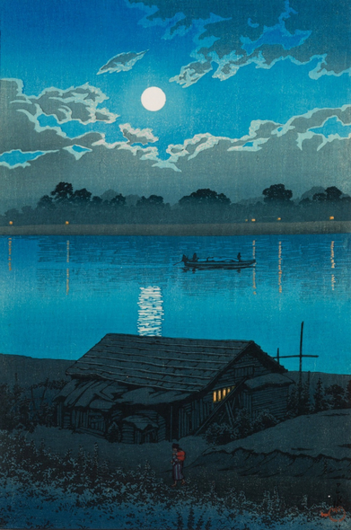 A bright full moon shines down on the Arakawa River, in Akabane. On this side of the river, a lone female figure carrying a child on her back walks down a short incline toward a single-story wooden house standing on the riverbank. Warm yellow light glows in the windows of the little house. Beyond, a small open wooden boat makes its way along the calm river, its cargo covered by a tarp, its pilots reduced to silhouettes in the gloom. On the other side of the river, more lights shine in the windows of houses, details of their shapes lost in shadows under tall trees. Above, a low full moon dominates the starless night sky, silvering tattered clouds.