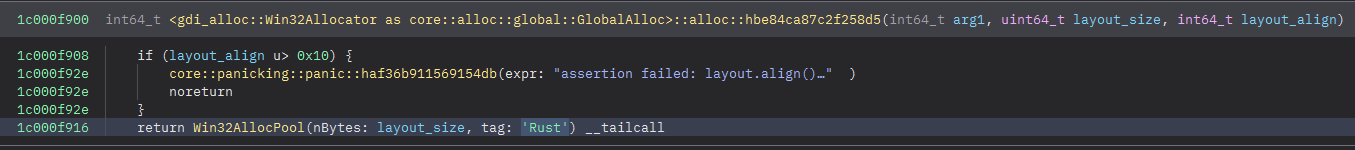 The implementation of a new global allocator registered in the new Rust code in the Windows 11 kernel's implementation of GDI Regions. It is named gdi_alloc::Win32Allocator. It calls the function Win32AllocPool with the pool tag name "Rust".
