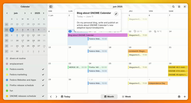 A video demonstrating how GNOME Calendar's Month, Week and Agenda views now behave with the new repurposed sidebar. The sidebar is now optional.