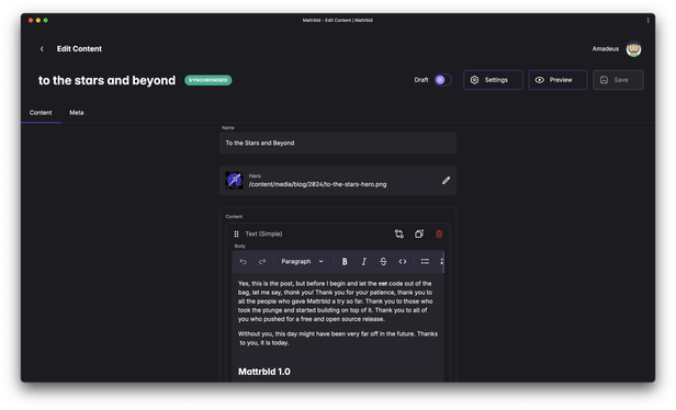 Screenshot of the content editing interface in Mattrbld showing a post titled "To the Stars and Beyond" being edited with fields for Title, Hero Image and a rich text editor. There is also an option to preview the post and mark it as a draft.