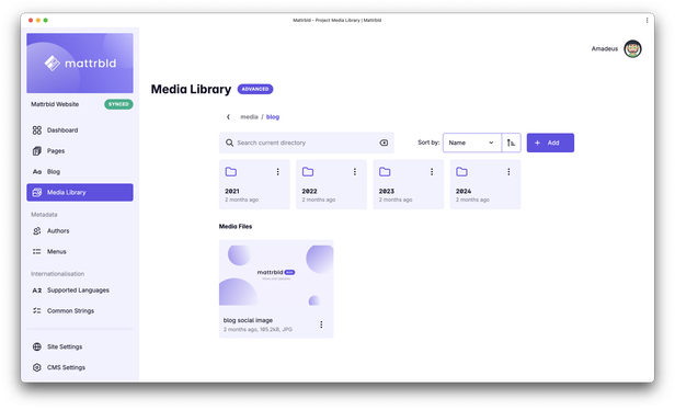 Screenshot of the Media Library interface in Mattrbld showing folders for the years 2021 to 2024 and a single large media thumbnail below. The media files can be searched, sorted and updated from here.