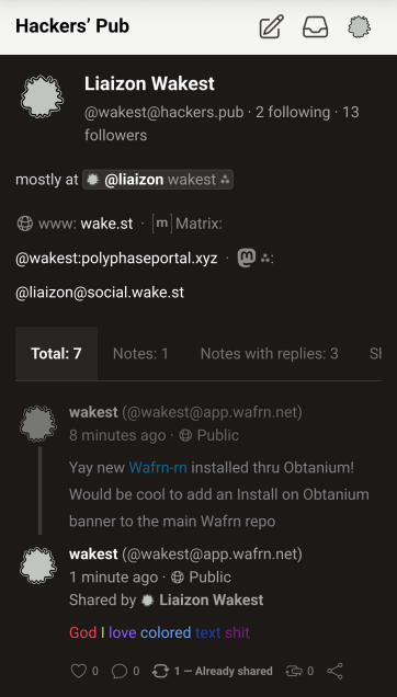 A screenshot of hackers pub showing colored text on wafrn inside hackers pub