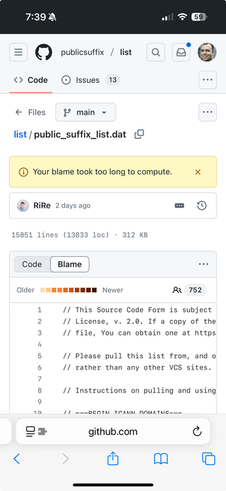 Screenshot from iOS Safari of the publicsuffix/list repository on GitHub. The list/public_suffix_list.dat file is shown, with the “Blame” tab selected. An error message reading “Your blame took too long to compute” is shown on the page. 