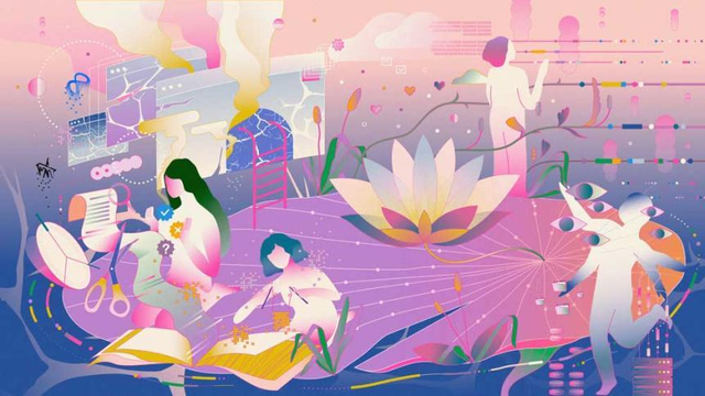 An abstract illustration depicting human figures interacting with technological elements, data streams, and organic forms like a large lotus flower. The colour palette is dominated by pinks, purples, and blues, suggesting a blend of digital and natural worlds, and the complex relationship between technology, human experience, and efforts to understand or influence algorithms and digital spaces. Illustration by Ellena Ekarahendy for APC.org