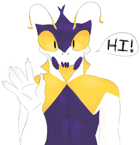 An anthropomorphic black, yellow and white mantis waving to the POV, with a speech bubble saying "HI!"
