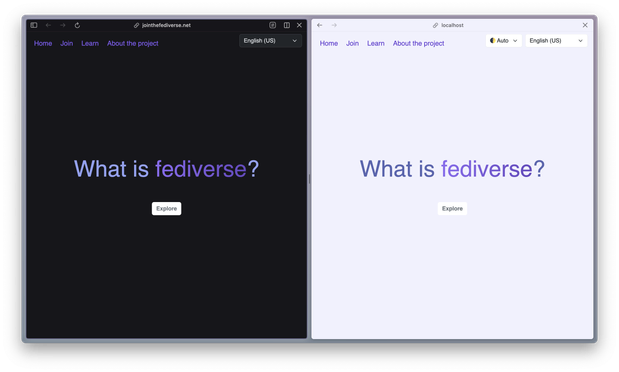 A side-by-side comparison of the original dark theme of the linked site (left) and a new light theme with a theme switcher in the top right corner (right).